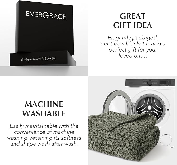 EVERGRACEHOME Chunky Chenille Knit Throw Blanket for Couch, Soft Luxurious Moss Stitch Blankets for Bed, Cozy Decorative Farmhouse Knitted Throws for Sofa, Dried Thyme Green, 50" x 60"