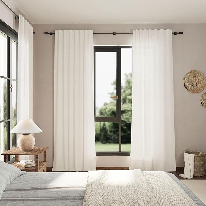 Beige White Linen Curtains for Living Room Extra Long 110 Inches Long Back Tab Light Filtering Semi Sheer Curtain Farmhouse Decor Floor to Ceiling High Window for Bedroom Office 52x110, 2 Panels