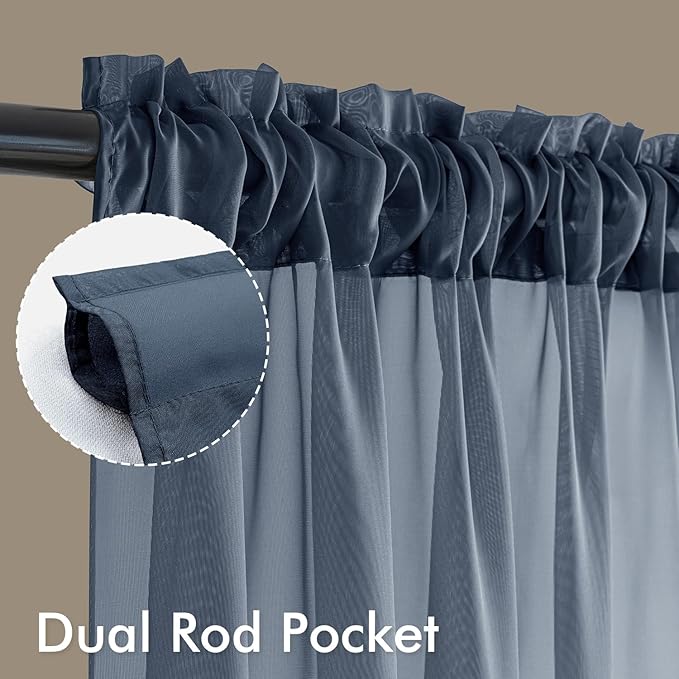 MIULEE Navy Blue Sheer Curtains 108 Inches Long, 4 Panels Set, Light Filtering Rod Pocket Voile Drapes Window Treatments, Semi Transparent Airy Fabric for Bedroom and Living Room, 42 x 108 Inches