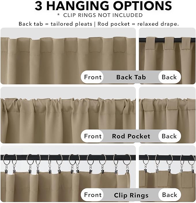 Deconovo Blackout Curtains, Thermal Insulated, W42 x L45 2 Panels, Back Tab, Machine Washable, Room-Darkening Drapes for Bedroom/Living Room Khaki