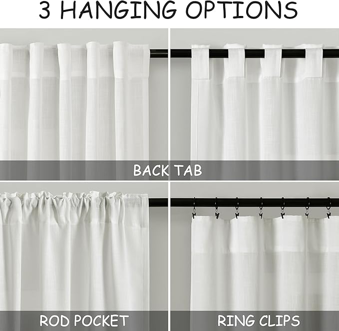 Nanspring Ivory Linen Blend Light Filtering Curtains 86 Inch Length 2 Panel Set Pocket Back Tab Privacy Semi Sheer Decorative Decor Curtain Drapes for Bedroom Living Room 52x86 Inches Long