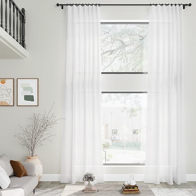 Extra Long White Linen Curtains 102 Inches Long 2 Panels Set for Living Room Back Tab Modern Farmhouse Decor Cotton Textured White Sheer Linen Curtain 102 Inch Length for Large Window 70x102