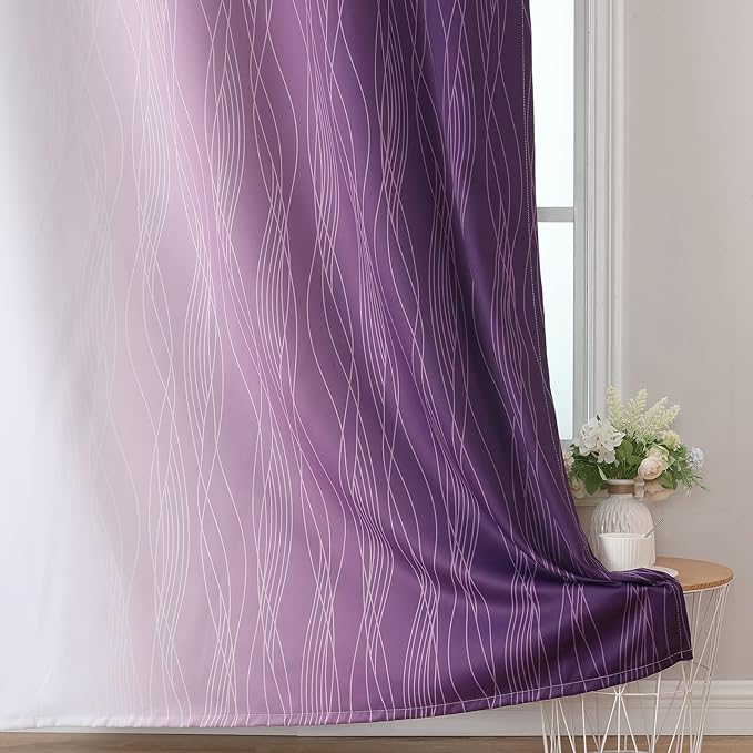 Estelar Textiler Purple and Greyish White Blackout Curtains 63 Inch Length 2 Panels Set, Room Darkening Grommet Ombre Curtains for Bedroom, Thermal Insulated Light Blocking Gradient Drapes,52Wx63L