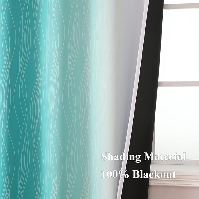Estelar Textiler Teal and Grayish White Blackout Curtains for Living Room, Ombre Thermal Insulated Noise Reducing Blackout Drapes for Bedroom, Full Room Darkening Grommet Curtains, 52Wx84L, 2 Panels