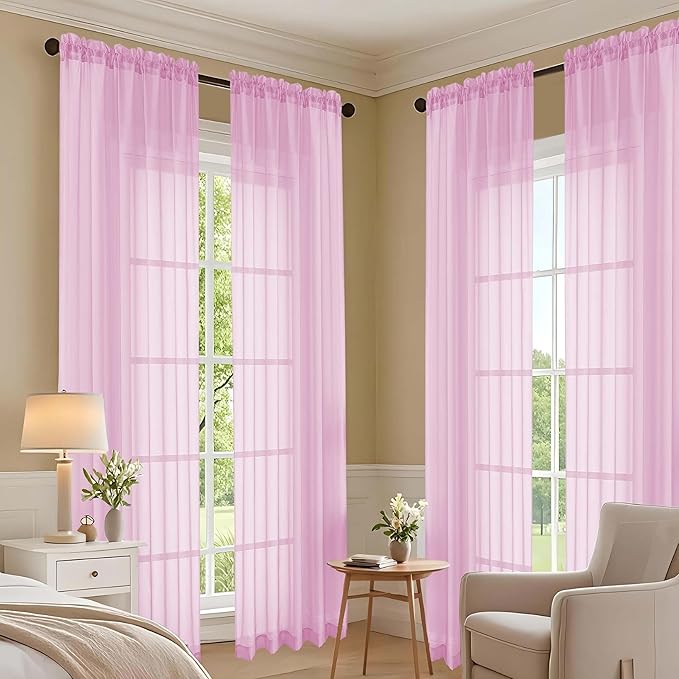 OVZME Light Pink Sheer Curtains 72 Inches Long 2 Panels Set, Light Filtering Sheer Curtains for Living Room Bedroom 59 Inch Extra Wide, Modern Voile Filmy Rod Pocket Window Drapes, 59Wx72L Inches