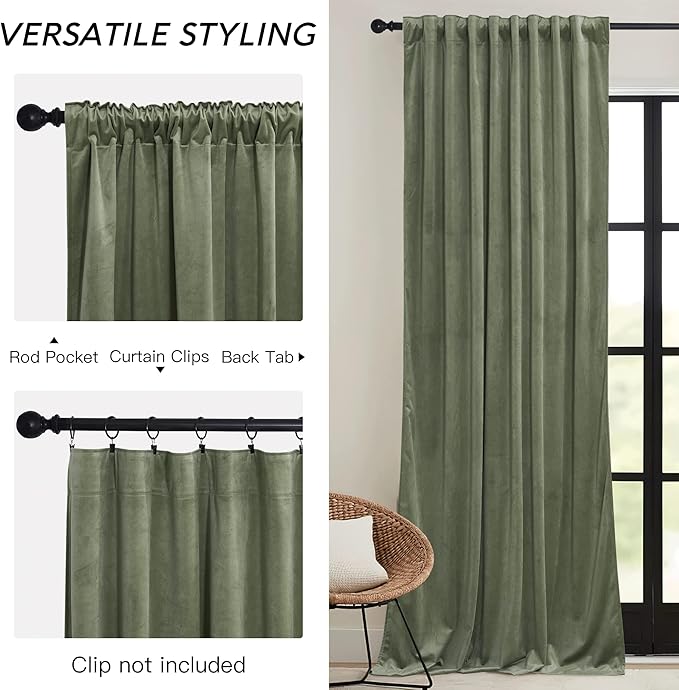 RYB HOME Sage Green Velvet Curtains 100 inches with Hook Belt, Soft Fabric Room Darkening Thermal Insulated Luxurious Home Decor Curtains for Living Room Bedroom, W 52" x L 100", 2 Panels Set