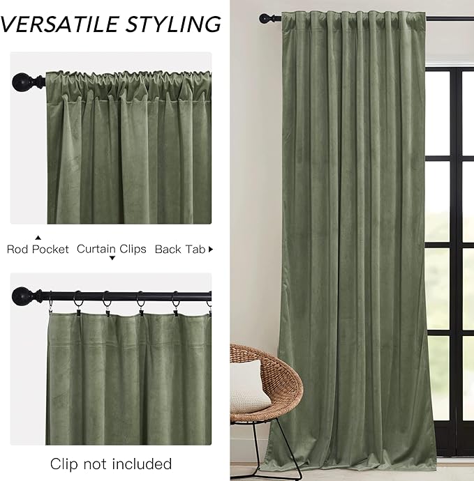 RYB HOME Sage Green Velvet Curtains with Hook Tape, Thermal Insulated Privacy Protect Decorative Room Divider Drapes for Home Theater, W 62 x L 90 inches, 2 Panels Set