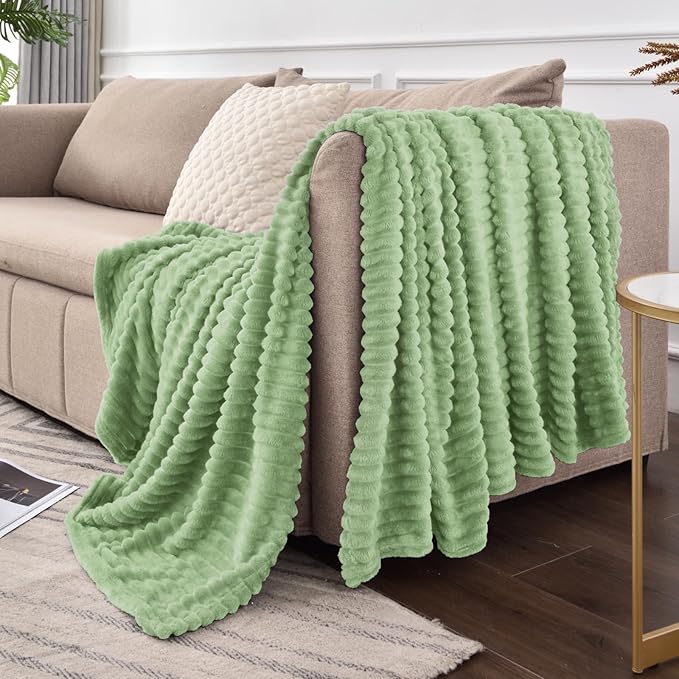 BEDELITE Fleece Blanket Twin Size – 3D Ribbed Jacquard Soft and Warm Decorative Fuzzy Blankets – Cozy, Fluffy, Plush Lightweight Throw Blankets for Couch, Bed, Sofa(Sage Green, 60x80 inches)