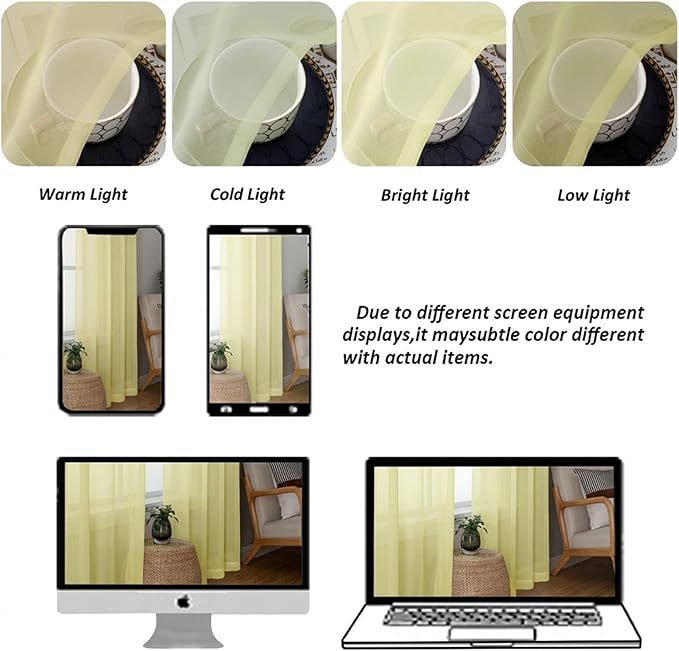Chyhomenyc Sheer Curtains 63 Inch Length 2 Panels Set - Light Filtering Rod Pocket Window Curtain Treatment Drapes for Bedroom Living Room, 42Wx63L Inch, Light Yellow