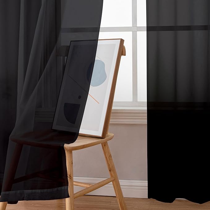 Simplebrand Black Sheer Curtains 90 Inches Long, Light Filtering Rod Pocket Solid Color Window Sheer Curtain Panels, Elegant Curtains & Drapes for Living Room, Bedroom 2 Panels (Black, 59" W x 90" L)