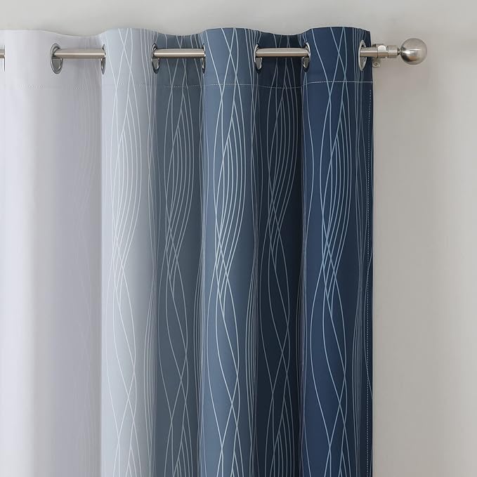 Estelar Textiler Full Room Darkening Greyish White and Navy Blue Blackout Curtains 63 Inch Length 2 Panels Set,Ombre Thermal Insulated Full Light Blocking Grommet Blackout Drapes for Boys Room,52Wx63L