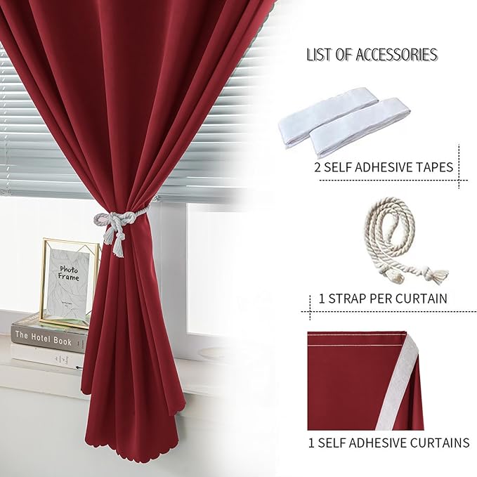 Self Adhesive Curtains, Stick Curtain Blackout Shades Window Cover Curtains for Living Room No Drilling, 35" W X 59" L, Burgundy, 1 Panel