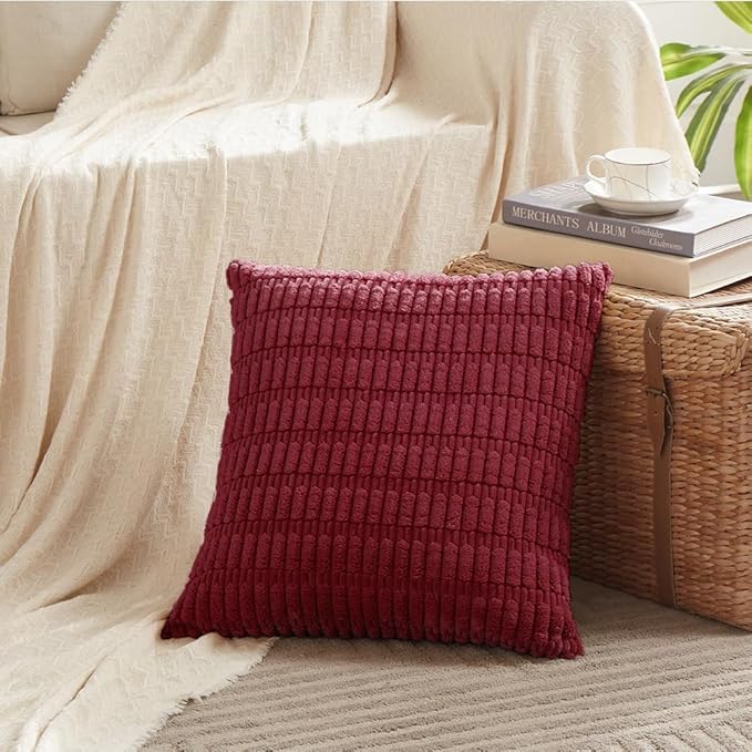 Fancy Homi 4 Packs Burgundy Decorative Throw Pillow Covers 24x24 Inch for Living Room Couch Bed, Holiday Christmas Home Decor Gift, Soft Plush Corduroy Cute Square Accent Cushion Case 60x60 cm