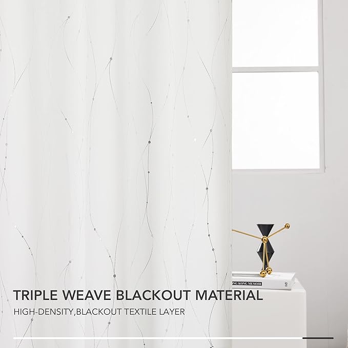 Deconovo White Curtains, Room Darkening Curtain, Thermal Insulated Soundproof Drapes, Wave Dots Silver Print, 52 x 63 Inch Long, Grommet Top, Window Panels for Living Room Bedroom Nursery, Set of 2