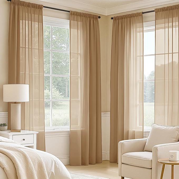 MIULEE Brown Sheer Curtains 108 Inches Long, 4 Panels Set, Rod Pocket Voile Drapes Light Filtering and Semi Transparent, Elegant Window Treatments for Bedroom Living Room,54 x 108 Inches
