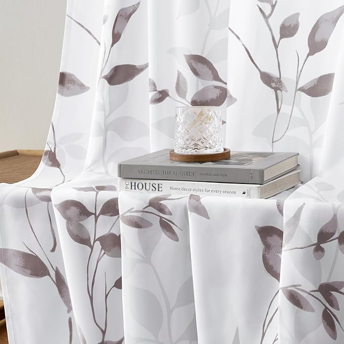 HOMEIDEAS Non-See-Through Dry Rose and White Privacy Sheer Curtains 52 X 96 Inch Length 2 Panels, Leaf Floral Printed Light Filtering Semi Sheer Window Curtains Drapes for Bedroom Living Room