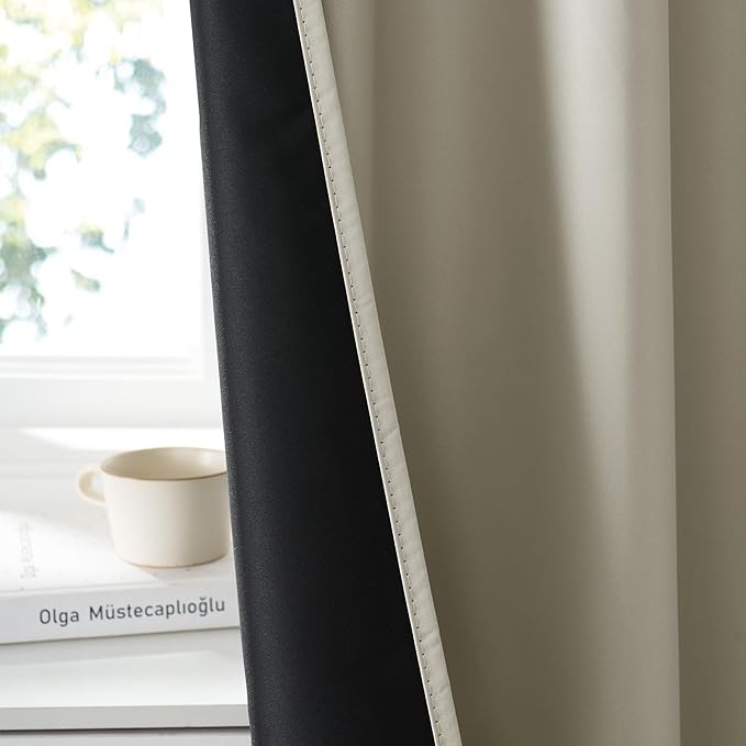 RYB HOME Bedroom Blackout Curtains 72 inches Long, 100% Blackout Thermal Insulated Noise Reducing Curtains for Living Room Nursury, 34 inches Wide by 72 inches Long, Natural