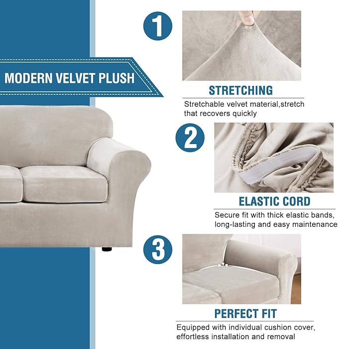 H.VERSAILTEX High Stretch Sofa Slipcover 4 Piece Cover Velvet Furniture Protector Form Fit Thick Velvet Extra Large Sofa Cover for 3 Cushion Couch Width Up to 97 Inch (Large Sofa, Oatmeal)