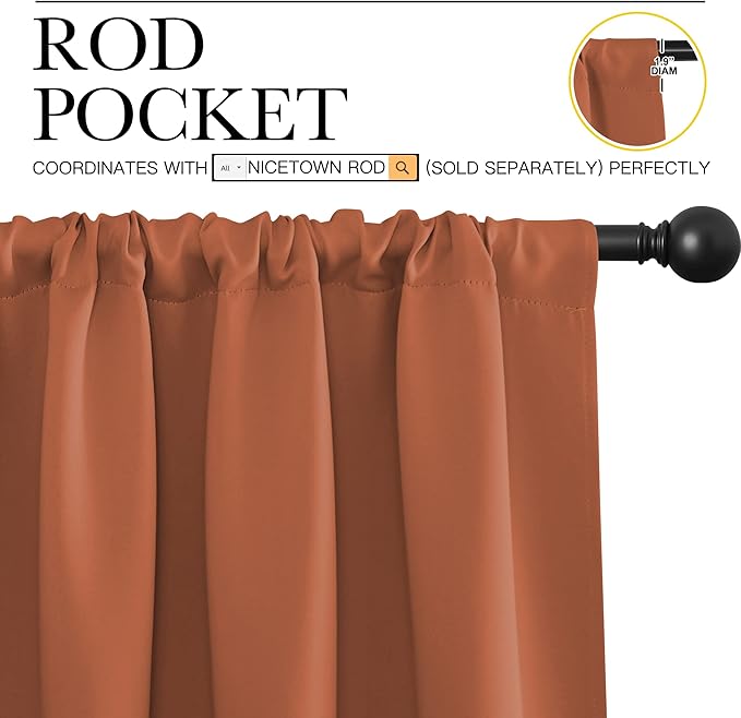 NICETOWN 2 Panels Blackout Curtains, Rod Pocket Thermal Insulated Drapess for Bedroom, Privacy Protection Easy-Care Heavy Duty Curtains for Living Room/Dining Room, W70 x L95 inches, Burnt Orange