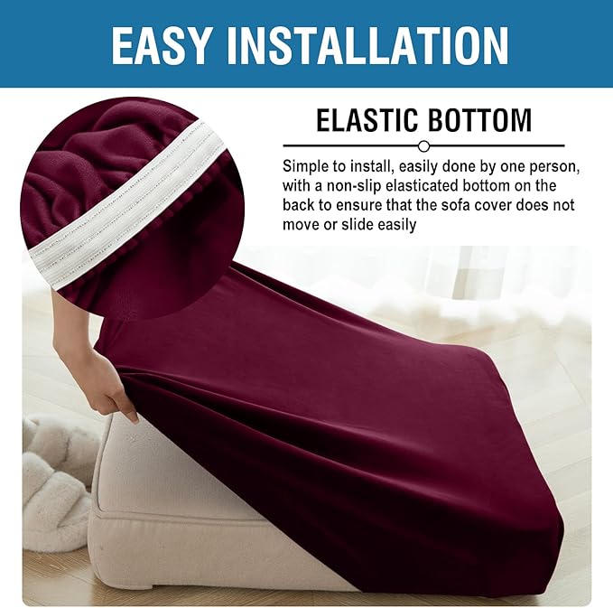 Couch Cover 6-Piece Elastic Velvet Couch Cushion Covers & Chaise Slipcovers for L-Shaped Sofas, Sofa Seat Covers Washable, Soft Cover for Couches (5 Seater + Chaise, Wine)