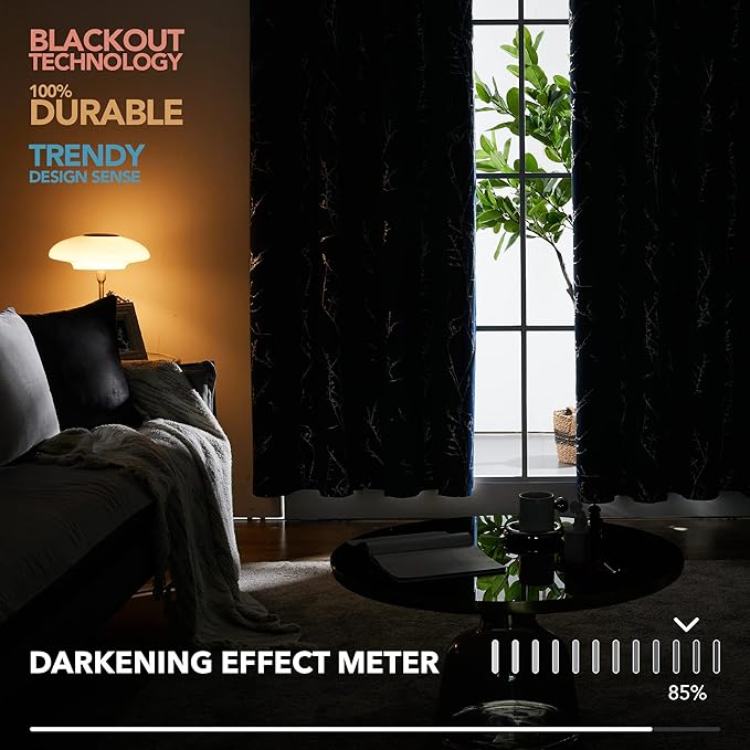 Deconovo Black Blackout Curtains, Thermal Insulated Soundproof Privacy Curtain Drapes, Branch Foil Print, 42 x 72 Inch Long, 2 Panels, Machine‑Washable Window Panel for Bedroom Living Room Office Home