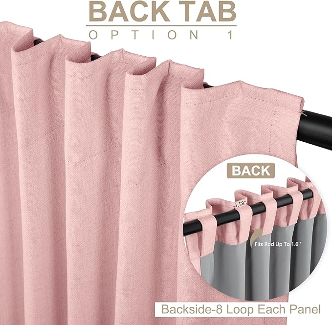 100% Blackout Shield Linen Blackout Curtains for Bedroom 96 Inches Long, Back Tab/Rod Pocket Living Room Drapes, Thermal Insulated Blackout Curtains 2 Panels Set, 50" W x 96" L,Baby Pink