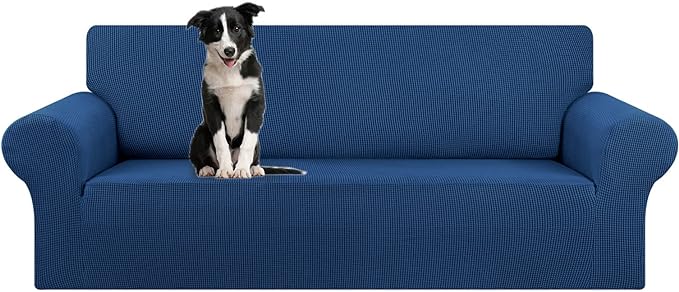 KEKUOU Stretch Oversized Sofa Slipcover 1 Piece Couch Sofa Cover (94"-110") Furniture Protector 4 Seater Sofa with Elastic Bottom for Kids,Pet.Jacquard Checked Pattern Fabric(X Large,Classic Blue)