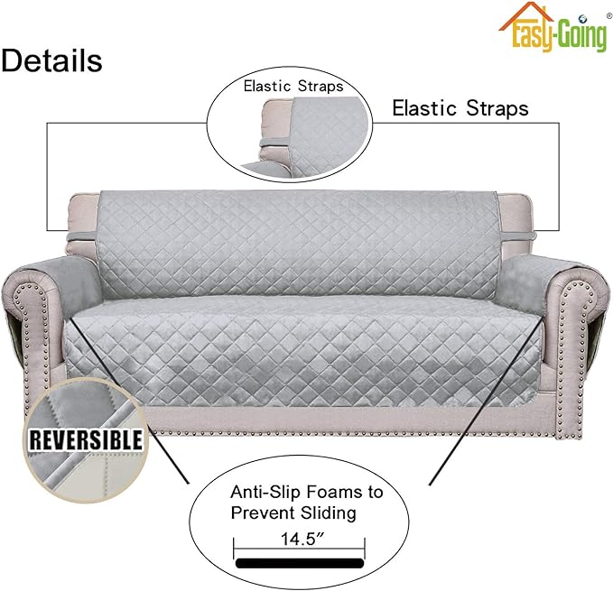 Easy-Going Reversible Loveseat Couch Cover for 2 Cushion Couch Sofa Cover for Dogs Water Resistant Furniture Protector with Foam Sticks Elastic Straps for Pet (Loveseat, Light Gray/Ivory)