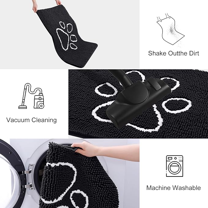 Smiry Dog Door Mat for Muddy Paws, Absorbent Dirt Trapper Non Slip Quick Dry Washable Chenille Mat for Mud Dogs, Entry Rug for Indoor and Outdoor (59x32 Inches, Black and White)