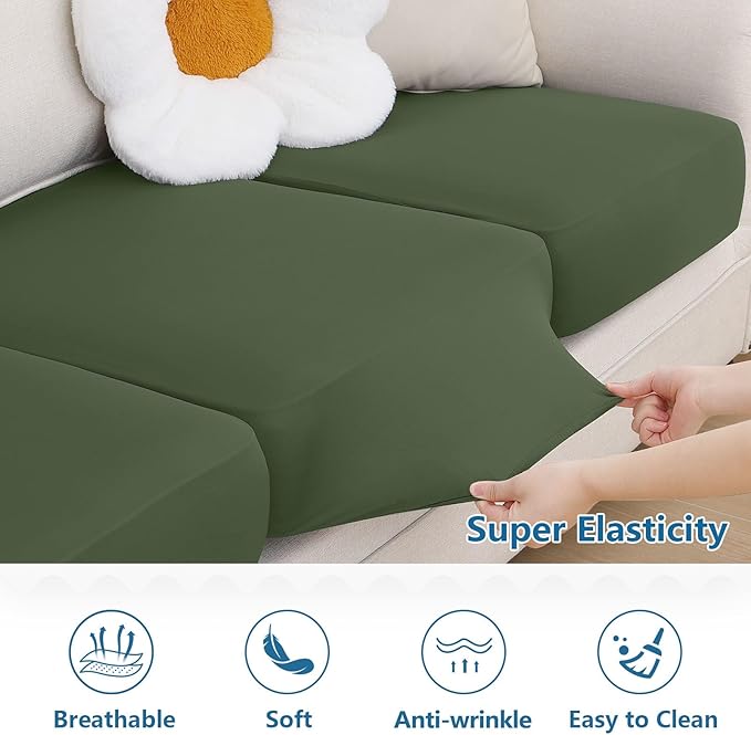 hyha Milk Silk Couch Cushion Covers, Soft Magic Sofa Covers Washable for 3 Cushion Couch, Stretch Sectional Outdoor Cushion Covers for Patio Furniture with Elastic Bottom(3 Packs, Bronze Green)