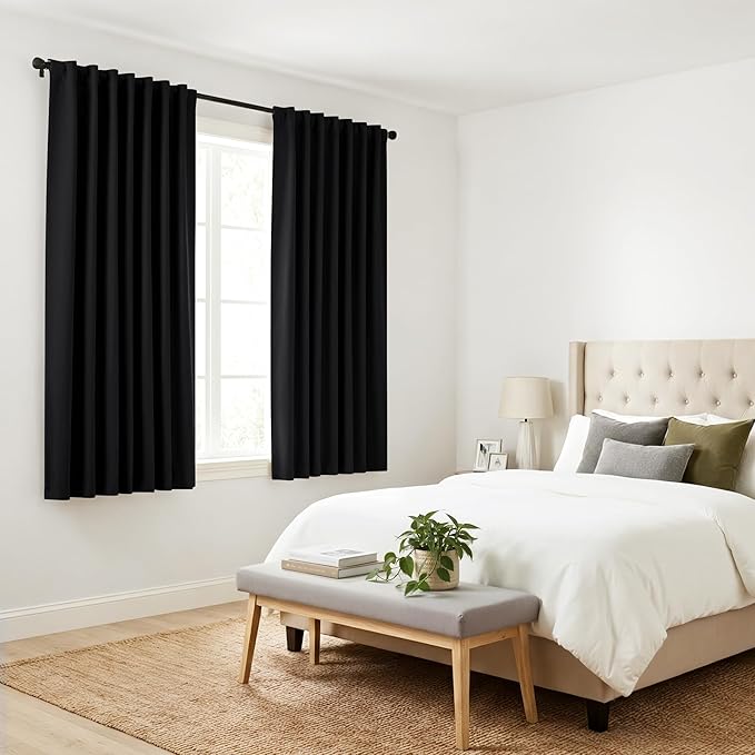 PONY DANCE Short Blackout Curtains 54 Inches Long, Black Blackout Drapes for Kitchen, Room Darkening Curtains for Bathroom, 34x54 Inch, Black, 2 Panels