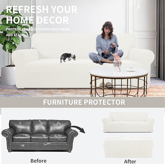 Easy-Going Stretch Oversized Sofa Slipcover 1-Piece Sofa Cover Furniture Protector Couch Soft with Elastic Bottom for Kids, Polyester Spandex Jacquard Fabric Small Checks Cream