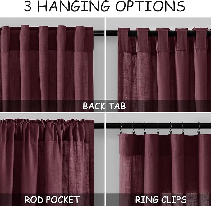Nanspring Burgundy Linen Curtains for Living Room 126 Inches Long Light Filtering Semi Sheer Curtain Back Tab Vintage Boho Decor Drapes Floor to Ceiling High Window for Bedroom 52x126, 2 Panels