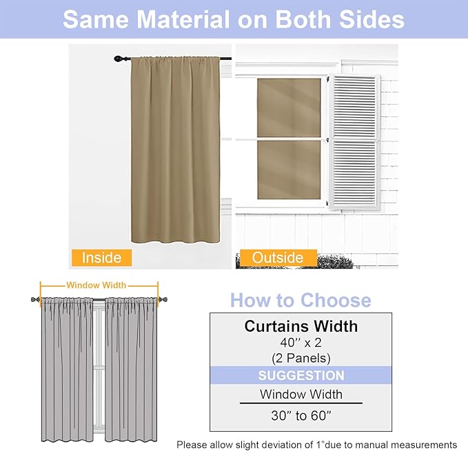 Simplebrand Ava Taupe Blackout Curtains for Bedroom 63 Inch Length 2 Panels Set, Solid Thermal Insulated Energy Saving Rod Pocket Window Treatment Curtains Blackout Drapes, W40 x L63 Inch, Taupe