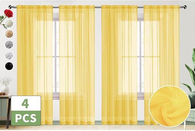 SpaceDresser Yellow Sheer Curtains 4 Panels Rod Pocket Semi-Sheer Curtain 90 Inches Long Light Filtering Voile Window Drapes for Bedroom Living Room Kitchen, Each 52W x 90L