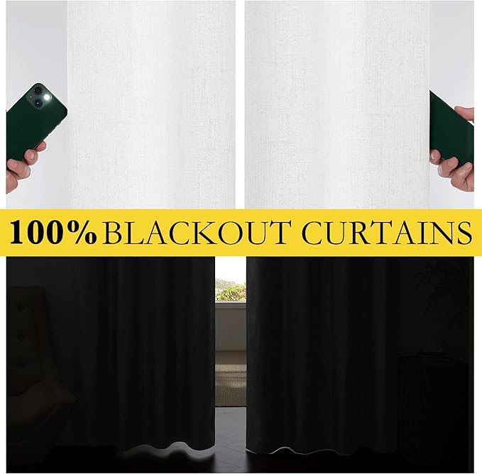 NICETOWN 100% Absolutely Blackout Linen Curtains with Thermal Insulated Liner, Greyish White, 52" Wide, 48" Length Energy Saving Curtains for Living Room 2 Panels Set, Vertical Blinds