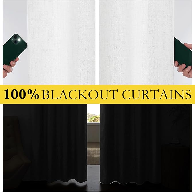 NICETOWN 100% Absolutely Blackout Linen Curtains with Thermal Insulated Liner, Greyish White, 42" Wide, 45" Length Energy Saving Curtains for Dining Room 2 Panels Set, Vertical Blinds