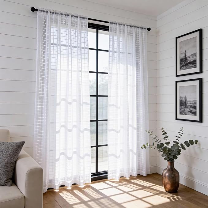 SpaceDresser Check Sheer Curtains 72 Inches Long for Living Room, Rod Pocket Plaid Semi Sheer Drapes for Kitchen Bedroom（White, 52W x 72L）