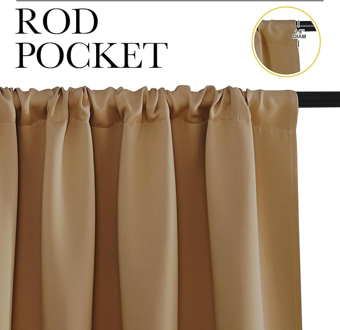 NICETOWN Bedroom Curtains Blackout Draperies, Gold Brown, 1 Pair, 34-inch W x 63-inch L, Home Decorations Thermal Insulated Solid Pole Top Blackout Drapes for Living Room