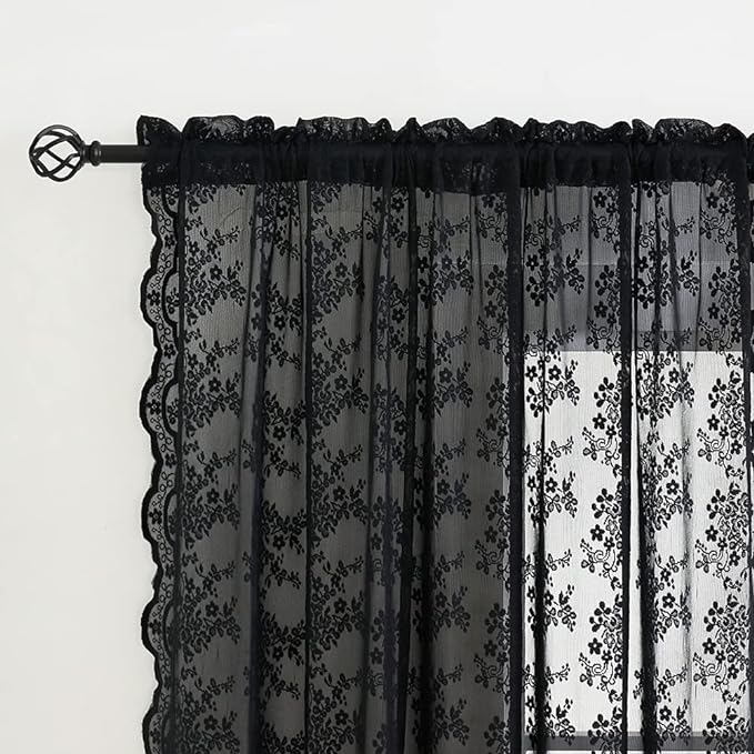 YJ YANJUN Vintage Lace Curtains 84 Inches Long-Victorian Floral Pattern Black Sheer Curtain Panels for Living Room Bedroom,Light Filtering, Gothic Witchy Halloween Drapes 2 Panels 52W x 84L
