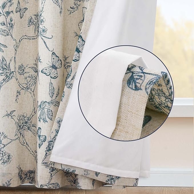 jinchan Floral Curtains Lined Linen Blend Curtain for Living Room 84 Inch Length Blue Flower Patterned Curtain French Country Farmhouse Curtains Drapes Back Tab Rod Pocket 2 Panels