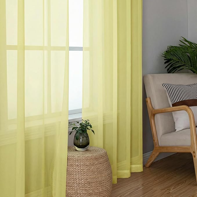 OWENIE Sheer Curtains 96 inches Long 2 Panels Set for Living Room/Bedroom, Rod Pocket Voile Sheer Panel Drapes, Airy Soft Fabric Window Treatments, 2pcs, Each 42" W x 96" L, Light Yellow