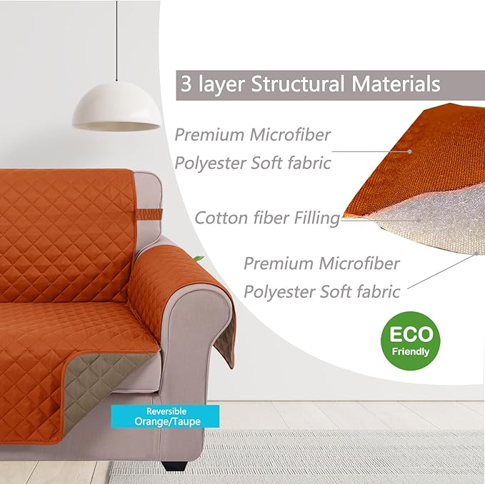 U-NICE HOME Recliner Chair Covers Reversible Quilted Water Repellent Pet Protectors with Elastic Straps (23''Recliner Small, Orange/Taupe)
