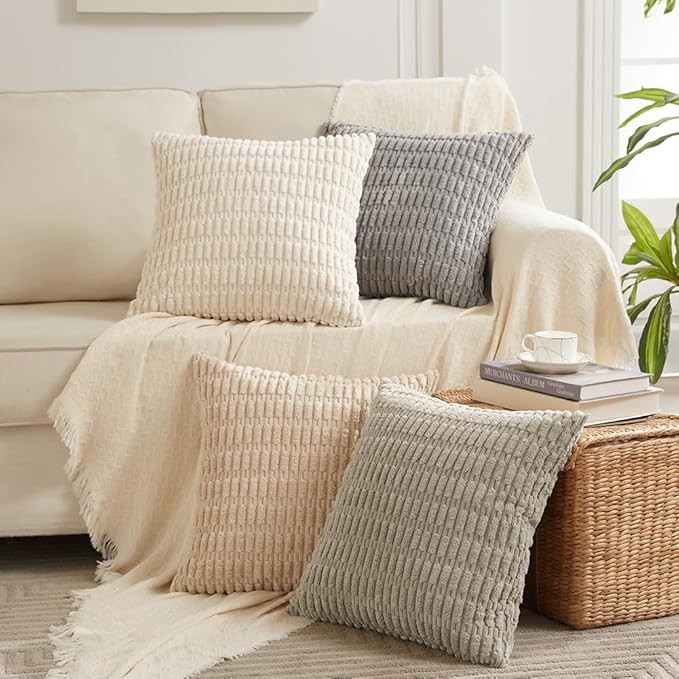 Fancy Homi 4 Packs Neutral Small Decorative Throw Pillow Covers 14x14 Inch for Living Room Couch Bed Sofa, Rustic Farmhouse Boho Home Decor, Soft Plush Striped Corduroy Square Cushion Case 35x35 cm