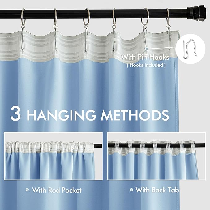 MIULEE Sky Blue Back Tab Blackout Curtains 90 Inches Long 2 Panels Set for Living Room Bedroom Privacy, Rod Pocket/Pinch Pleat Thermal Insulated Room Darkening Pleated Light Blocking Drapes