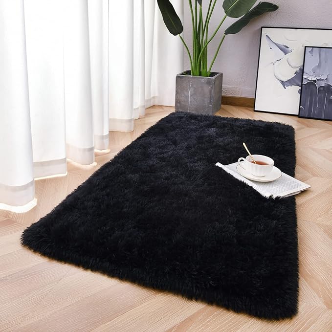 Chicrug Soft Area Rugs for Bedroom Living Room Plush Fluffy Rug 2x4 Feet, Shag Furry Area Rug Carpet Non Shedding for Nursery Children Kids Girls Room Home Decorative, Black