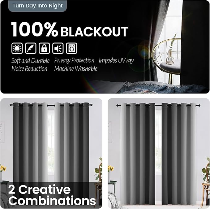 SimpleHome 100% Blackout Ombre Room Darkening Curtains for Living Room, Light Blocking Grey to Greyish White Thermal Insulated Grommet Window Drapes for Bedroom, 2 Panels, 52x90 inches Length