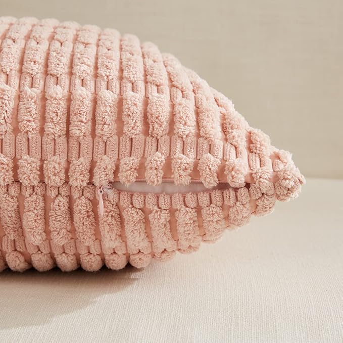 Fancy Homi 4 Packs Boho Blush Pink Euro Decorative Throw Pillow Covers 26x26 Inch for Living Room Bed, Soft Plush Striped Corduroy Square Light Pink Coral Peach Cream Colorful Cushion Case 66x66 cm