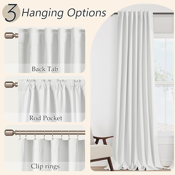 Guken White 100% Blackout Linen Curtains 52 Inch Wide by 122 Inch for Living Room Bedroom Back Tab Thermal Insulated Black Out Linen 2 Drapes Room Darkening Window Curtains