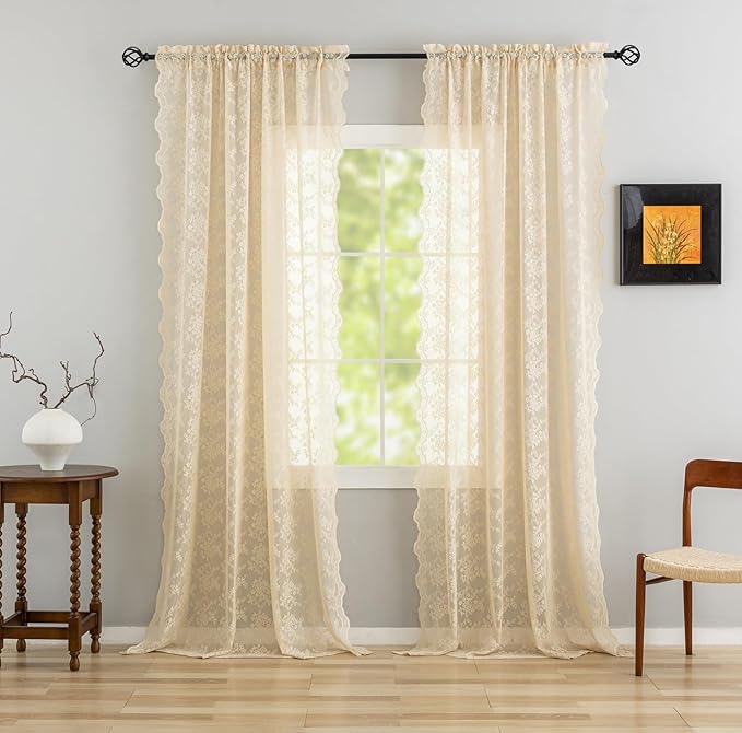 YJ YANJUN Vintage Lace Curtains 84 Inches Long-Retro Floral Beige Sheer Curtain Panels for Living Room Bedroom Shabby Chic Crochet Drapes Grandma Core Decor Light Filtering Pair W52 X L84 Light Beige